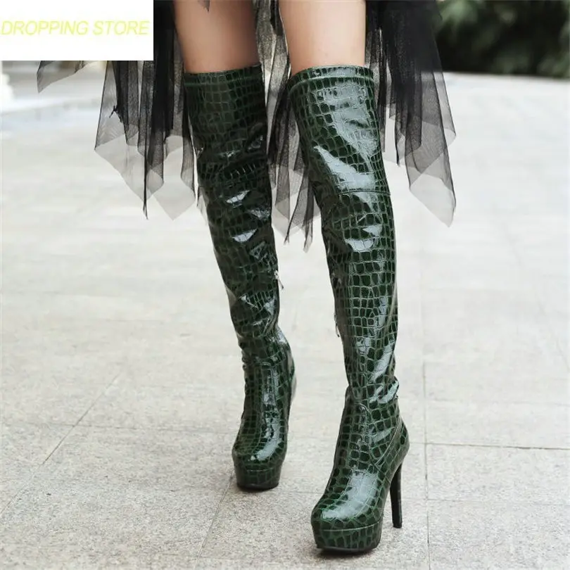 

Thigh High Boots Women Patent Leather Over The Knee Boots Stretchy Slim Leg High Heel Platform Winter Pumps Shoes