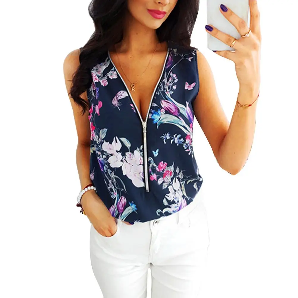 

Fashion Flower Stripe Print Summer Women Sexy Zipper Roll Up Deep V Neck Sleeveless Chiffon Loose Tank Top Blouse Blusa Feminina