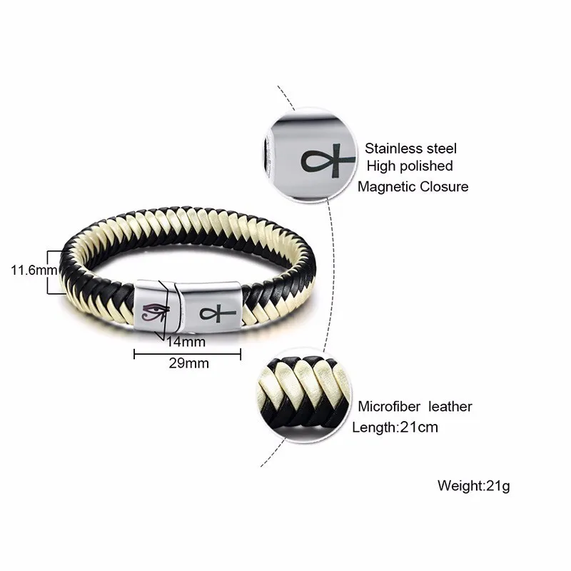Мужской двухцветный плетеный кожаный браслет из нержавеющей стали с лазерной гравировкой Ankh Cross Horus Eye египетский символ ювелирные изделия 8,26 в
