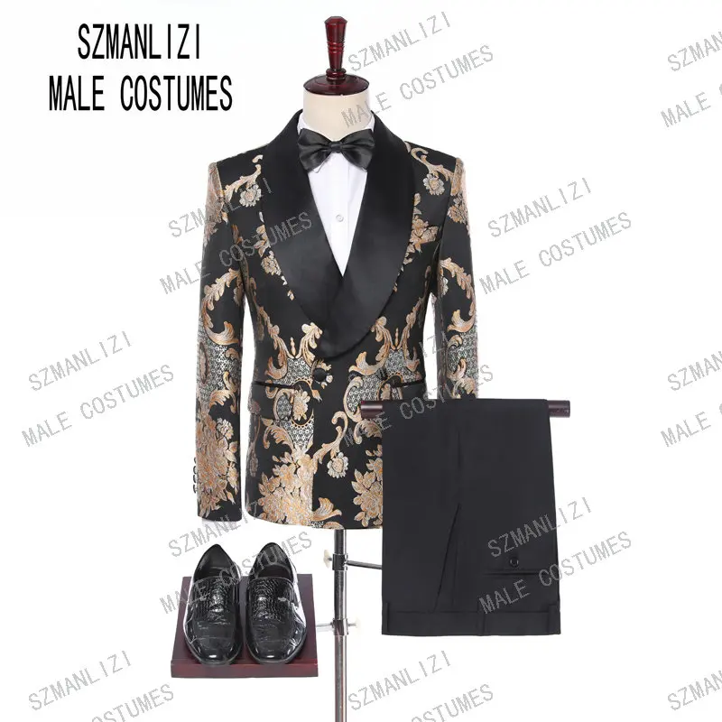 

New Design 2019 Custom Made Slim Fit Mens Fashion Gold Embroidery Dress Suit Double Breasted Wedding Groom Tuxedo Costume