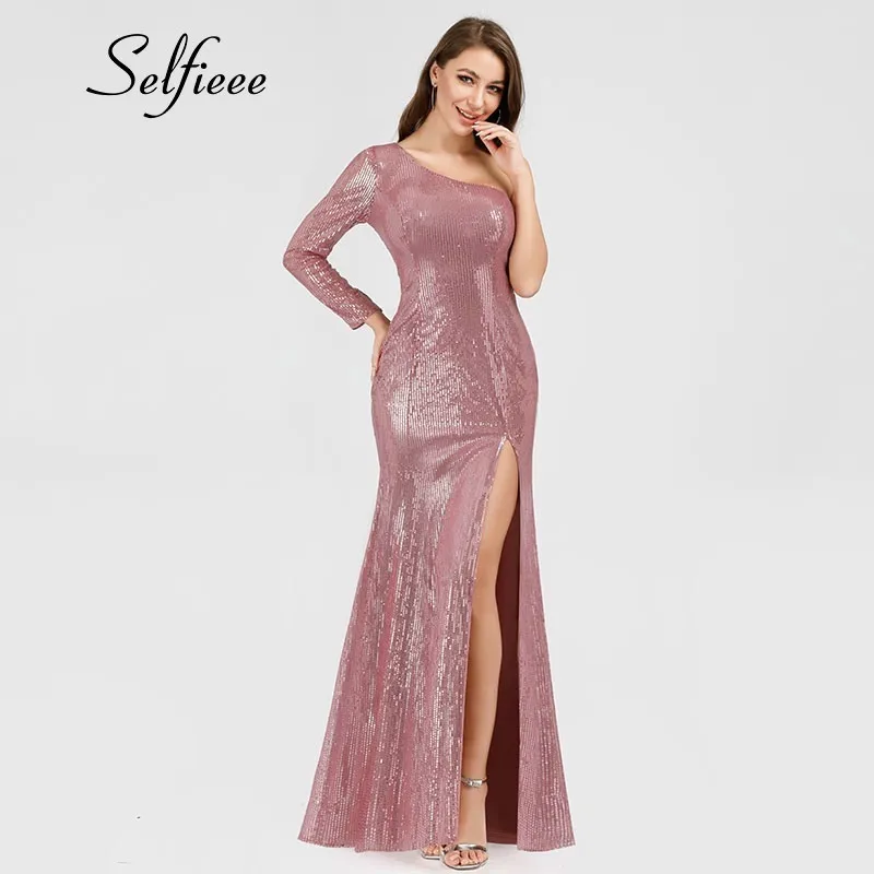 

Sexy Bodycon Women Summer Dresses One Shoulder Mermaid Sequined High Split Dusty Pink Elegant Maxi Party Dresses 2019 Robe Femme