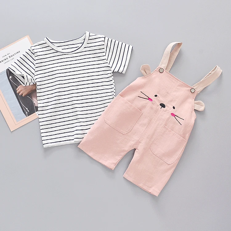 Летние модные комплекты одежды для маленьких девочек; комплекты одежды для младенцев; футболка в полоску; шорты на бретелях; детская спортивная одежда; детская повседневная одежда