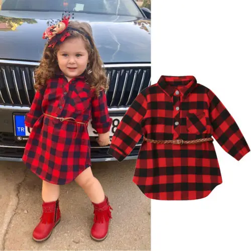 

2019 Christmas Baby Girls Dress Plaid Design Princess Button New Year Party Clothes+Waistband Long Sleeve Fashion Toddler Dress