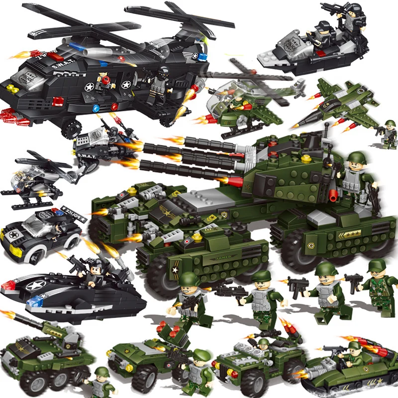 

6 IN 1 Building Block Bricks Military tank Transport fighter Compatible Legoings Army City WW2 Soldier Police Weapon Bricks Toys