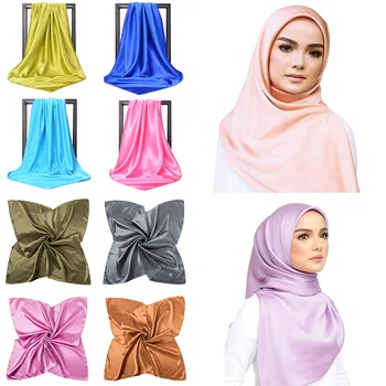 

90*90cm Solid Color Women's Silky Square Scarf Charm Soft Large Satin Silk Muslim Hijab Head Scarves Candy Color Headbands Wrap