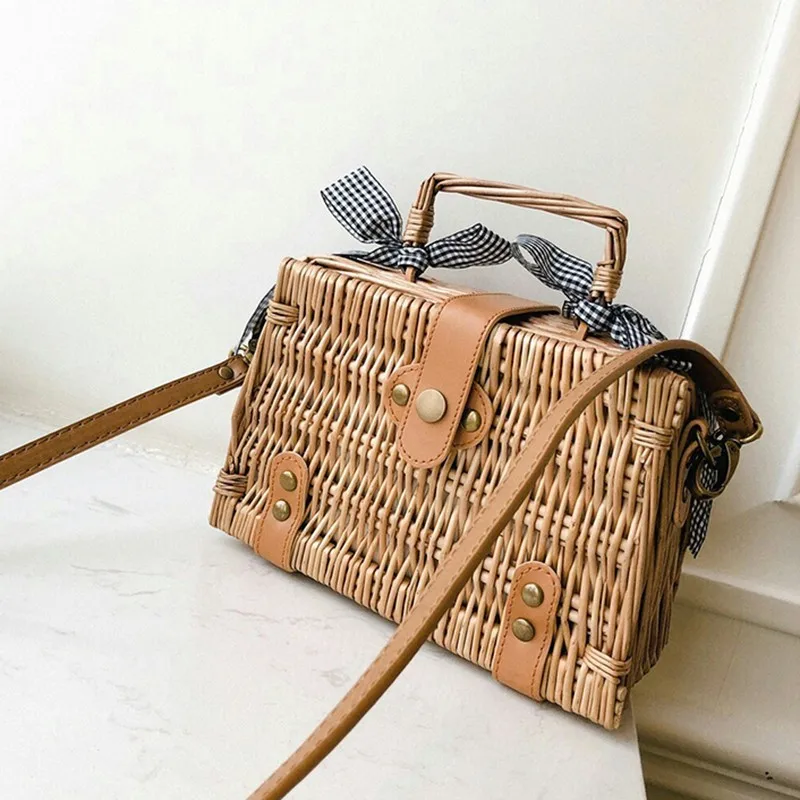 

[Super Seabob] 2019 Spring Summer Stylish Straw Plaited Single Handle Bow Decoration Square Women Shoulder Bags All Match NA524