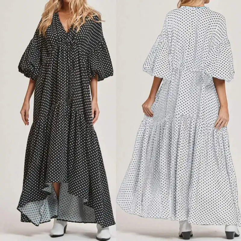 

Celmia 5XL Women Polka Dot Print Ruffles Shirt Dress 2019 Summer Long Bohemian Dress V Neck Casual Irregular Party Maxi Vestidos