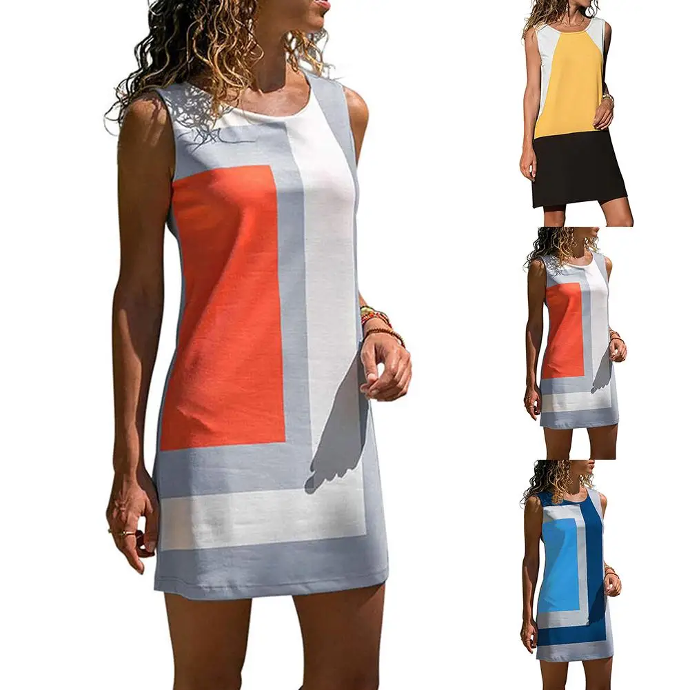

Lady Fashion Sexy Summer Color Block Sundress Casual Women's Slim Dresses Sleeveless O-Neck Above Knee Mini Short Beach Dress