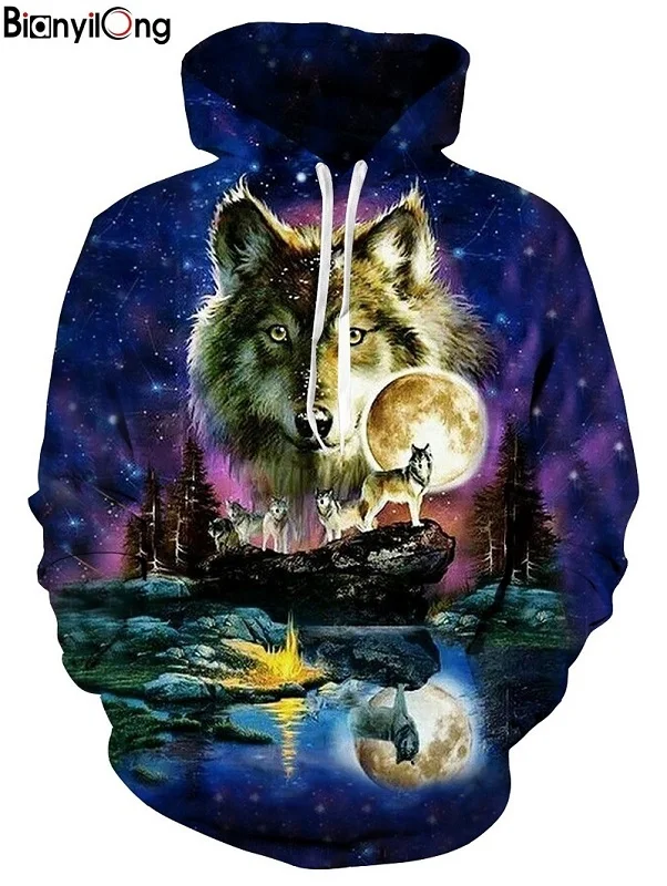 

BIANYILONG Hoodies 3d Animal Wolf moon Print hooded Men's Hoody Sweatshirt Hip Hop Unisex Pullover With Big Pockets Tops