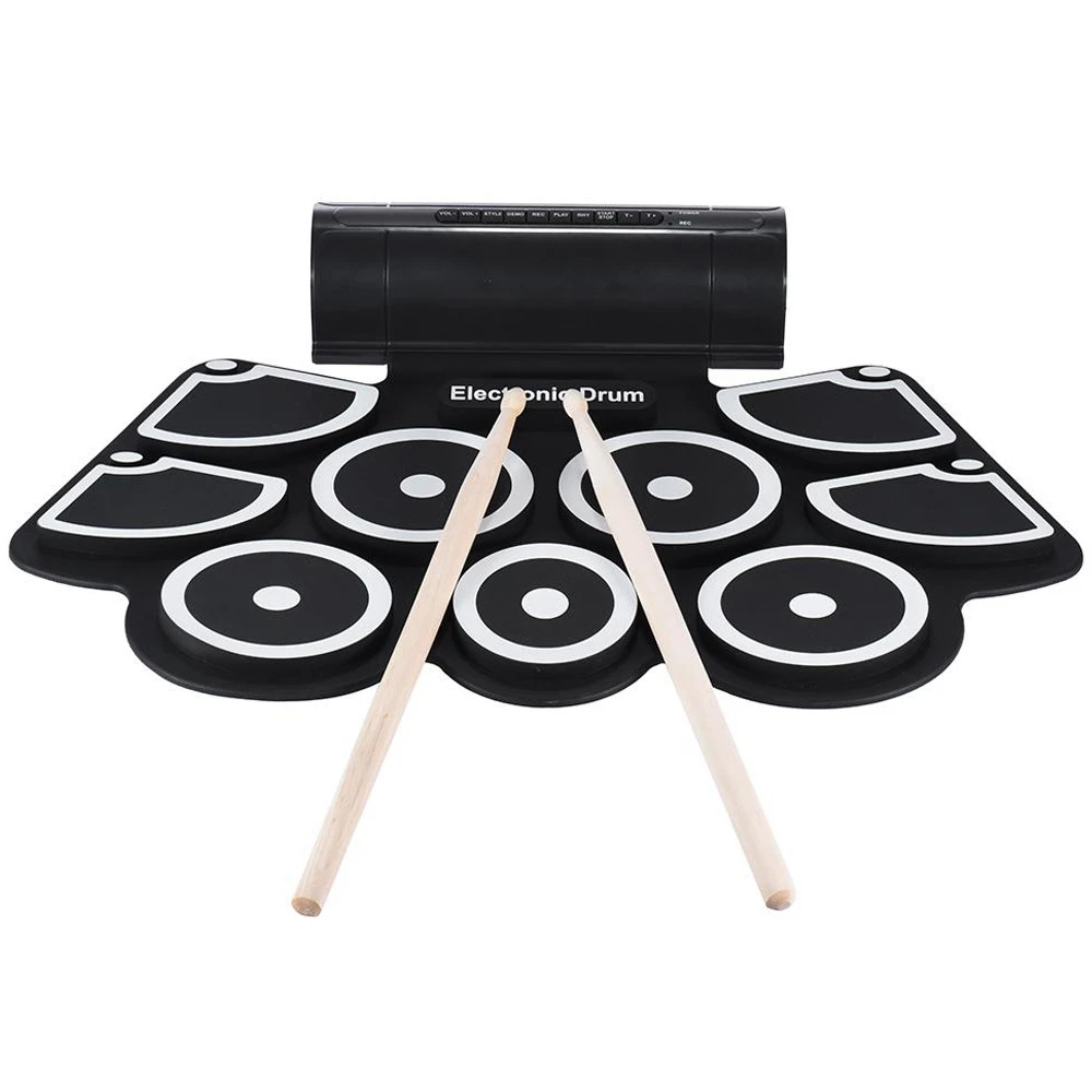 

Portable Electronic Roll Up Drum Pad Set 9 Silicon Pads Built-In Speakers With Drumsticks Foot Pedals Usb 3.5Mm Audio Cable Uk