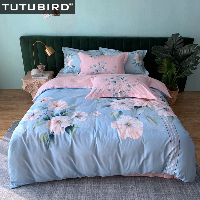 100 Cotton Floral Bedding Set Blue Pink Flower Print Bedspread