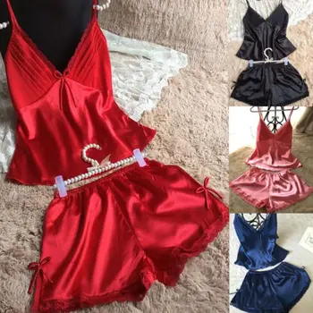 

Newly Sexy Lingerie Women Silk Lace Pajama Sets 2Pcs Comfy Babydoll Nightdress Nightgown Ladies Sleepwear