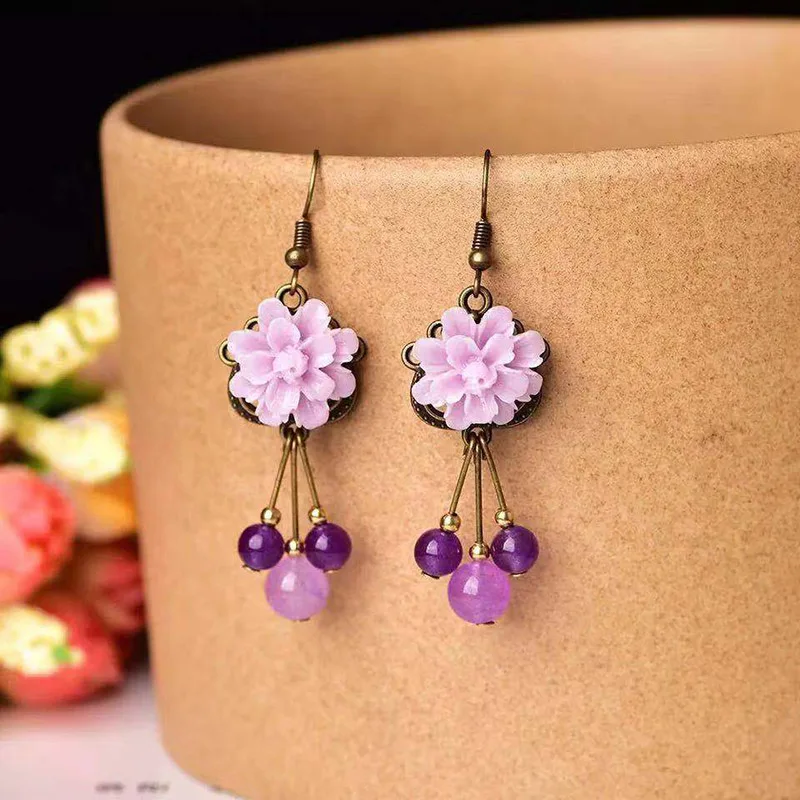 

HayStarWay Ethnic Chinoiserie Flower Drop Earrings For Women Girl Jewelry Chinese Style Bride Classical Manual Retro Individuali
