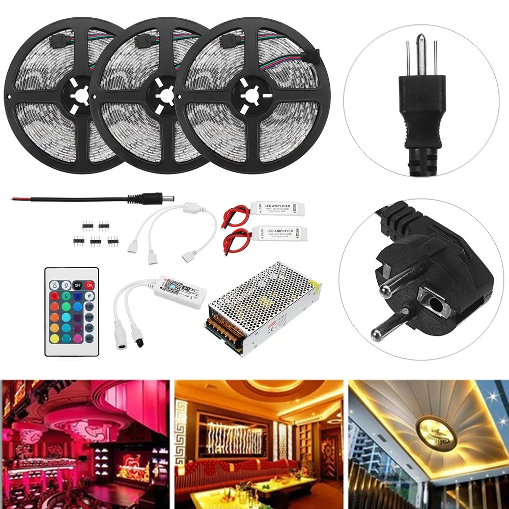 

1 set Waterproof 15M LED Strip SMD5050 RGB Flexible Waterproof Alexa APP Home Wifi Control Smart LED Strip Light Kit AC110-240V