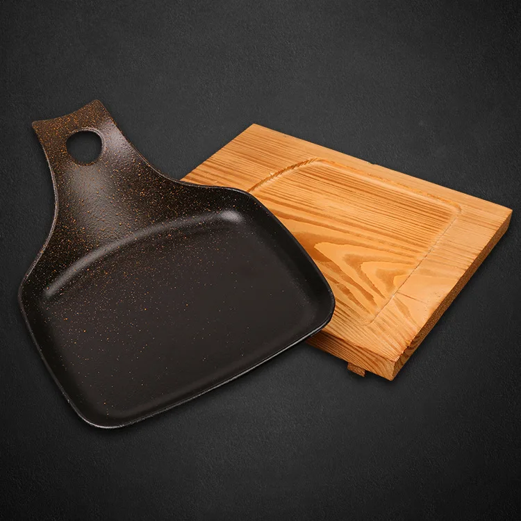 

26.5*20.8cm Non-stick Cooking Grill Pan Iron Steak Plate Steak Frying Pan with Wooden Tray Kitchen Cookware