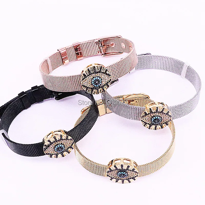 

5Pcs Charming Design Fashion Gold Color Micro Pave Cubic Zirconia Round Eye Spacer Connector Stainless steel watch belt bangle