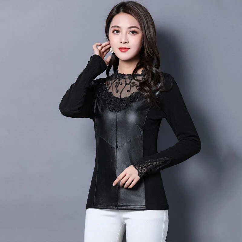 

1pcs Ladies Plus size blouses tops 2018 Winter Lace PU Leather Splicing Hollow thickening Primer shirt womens Retro Sexy shirts