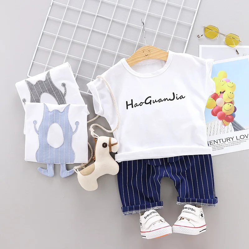 

Summer baby boys girls clothes letter Round neck T-shirt Striped Shorts Cotton 2Pcs/Sets kids Leisure Sports Toddler Tracksuit