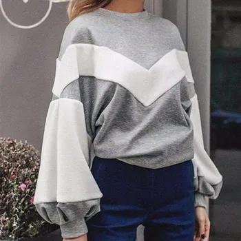 

Fashion 2018 Autumn Winter Sweatshirt Women O Neck Lantern Sleeve Striped Hoodies Female Patchwork Sudadera Mujer Loose Pullover