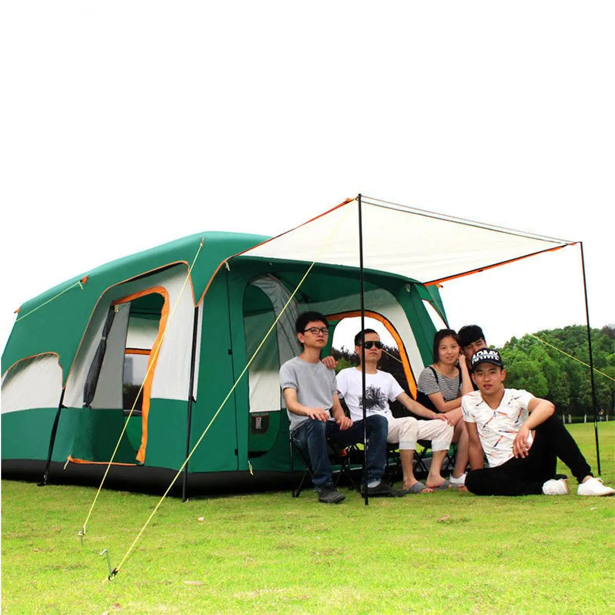 

Green Ultralarge Tents 8-12 people Double Layer Outdoor 2Living Rooms 1Hall Family Camping Tent In Top Quality Large Space Tents