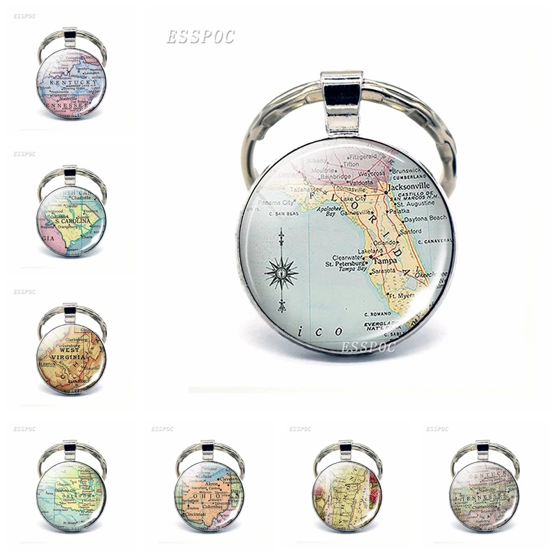 

Vintage American Map Glass Dome KeyChain United States Florida Pensacola Tennessee Ohio Pendant Key Rings Fashion Gift For Lover