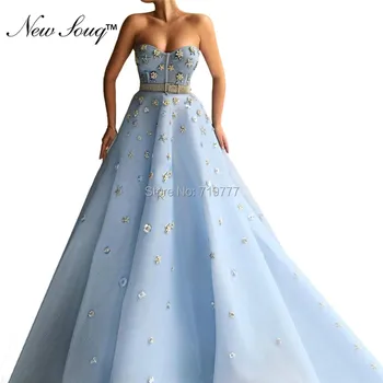 

Light Blue Formal Evening Dresses Beaded Crystals Party Gowns 2019 Tulle Abendkleider Abiye Arabic Prom Dress Robe De Soiree New