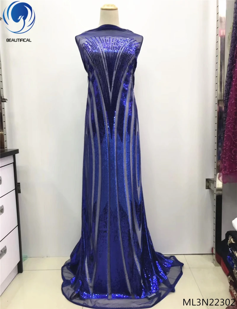

BEAUTIFICAL blue sequin lace fabric lace sequin embroidery fabric fashion clothing for women 2019 arrival products ML3N223