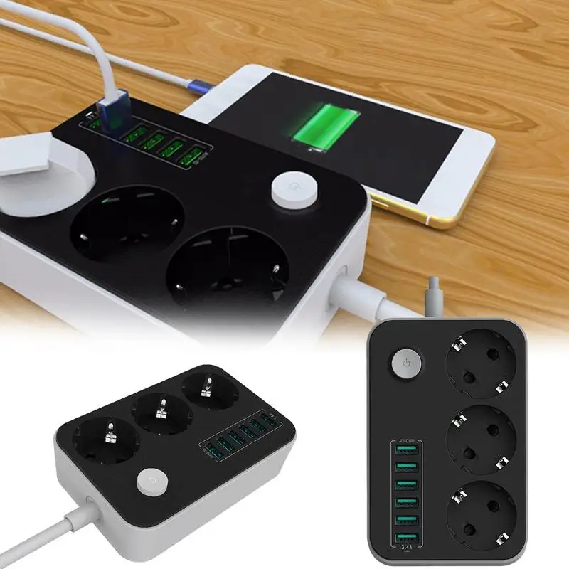 

Power Strip with 3 Outlets 6 USB Port EU Plug Multiple Power Extension Sockets Universal Charger Household Extension Patch Board
