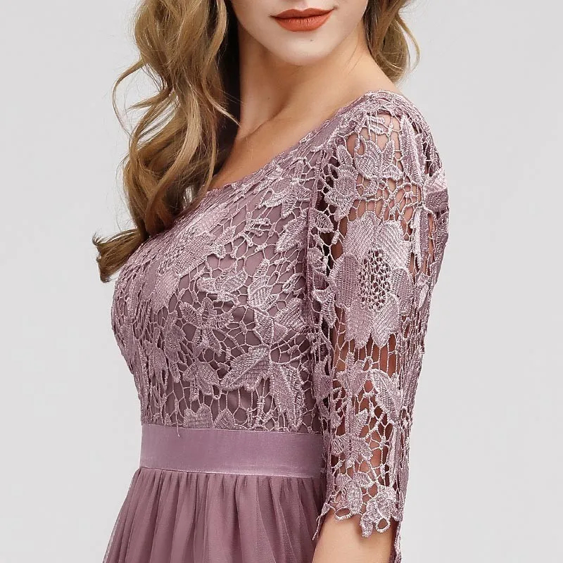 Lace Evening Dresses Long Ever Pretty O-Neck A-Line Half Sleeve Sexy Appliques Elegant Women Evening Gowns Robe De Soiree 2019