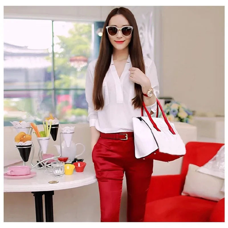 

2019 Spring Summer women 2 pieces Set blouse shirt suit Pencil Pants OL office lady working slim women sets
