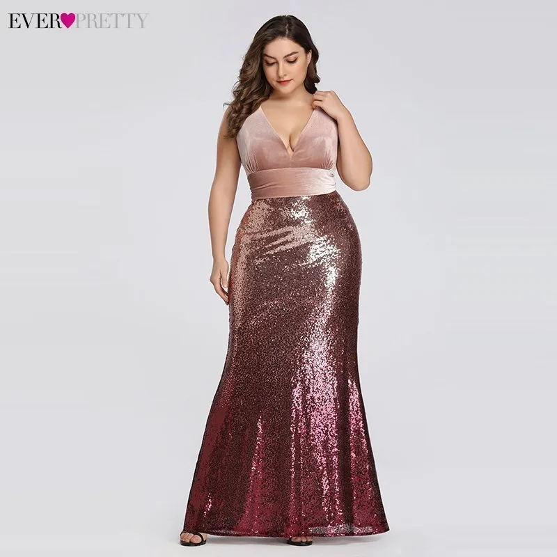 Plus Size Evening Dresses Long Ever Pretty Sexy V-Neck Sleeveless Sequined Burgundy Blush Pink Vintage Mermaid Party Gowns