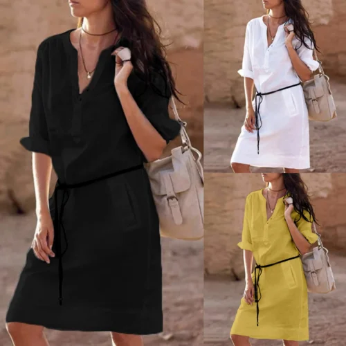 

Womens Casual Short Sleeve Button Plain Party V-Neck Bodycon Summer Beach Blouse Dress