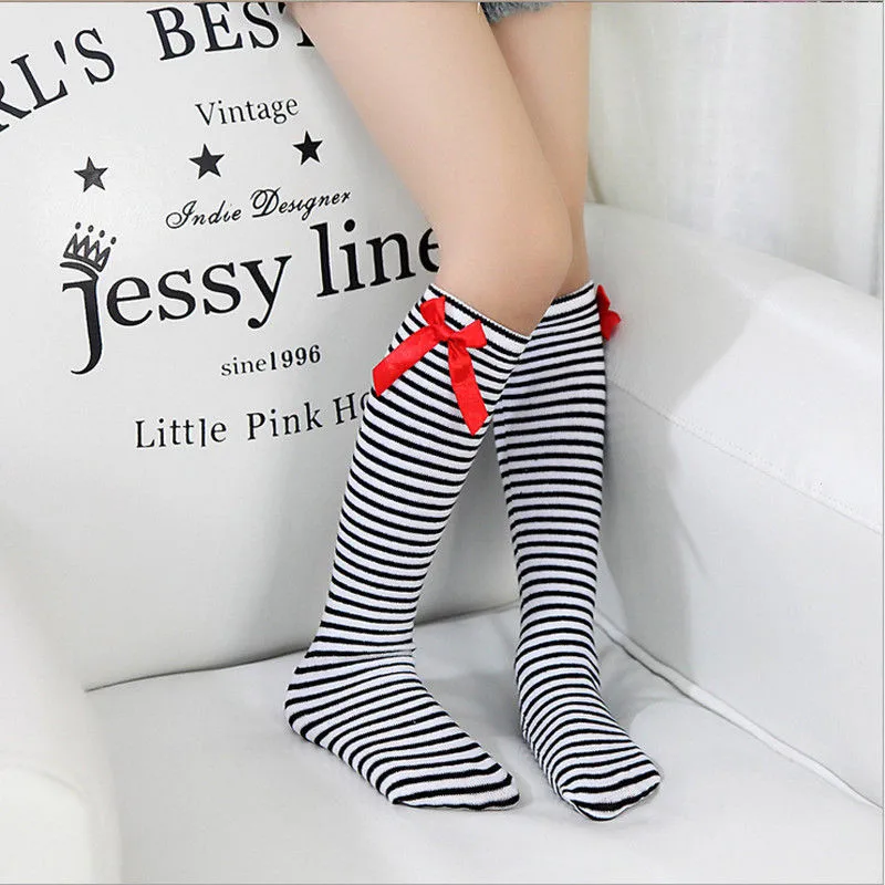 Детские хлопковые полосатые носки для маленьких девочек мягкие чулки до колен, детские носки для девочек от 1 до 8 лет, meisjes sokken