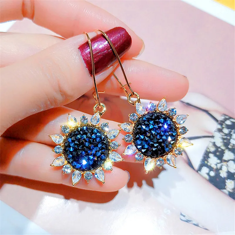 

FYUAN New Rhinestone Geometric Drop Earrings for Women Girl 2019 Bijoux Blue Sun Flower Korea Earrings Statement Jewelry Gifts