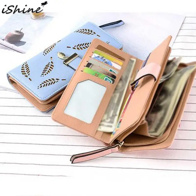 

iSHINE 2018 Korean Fashion New Long Two Fold Hollow Leaf Pattern Purse Clutch Bag Mobile Phone Bag Card Holder For Lady