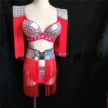 

Red ballroom dance bikini dj sexy dress outfit singer stage show wears prom silver mirror costume catwalk performance bar clothe
