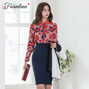 

Foamlina Korean OL Fashion Women Two Pieces Set Bow Tie Long Sleeve Floral Print Shirt + High Waist Pencil Skirt Suits For Work