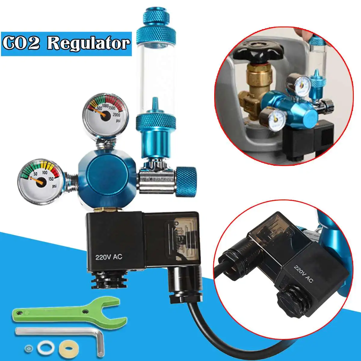 

AC 220V W0104 Aquarium CO2 Regulator Solenoid Valve Bubble Counter with Check Valve for JIS m22-14 W21.8 Aquarium Fish Tank Tool