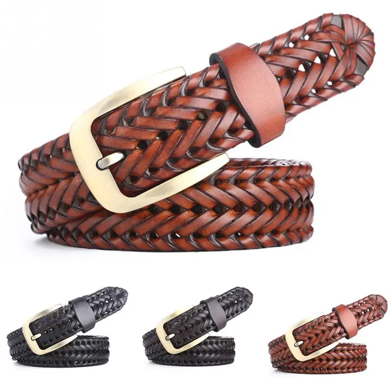 

Women Men Braided Leather Belt Hand Knitted Luxury Genuine Leather Buckle Casual Strap Woven Tanned Cowhide 115x3.5cm #05