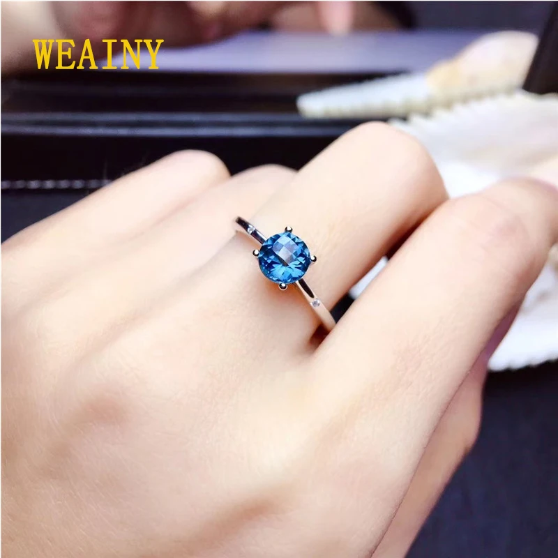 

WEAINY Real S925 Sterling Silver Rings for Women London Blue Topaz Ring Gemstone Aquamarine Cushion Romantic Gift Engagement Jew