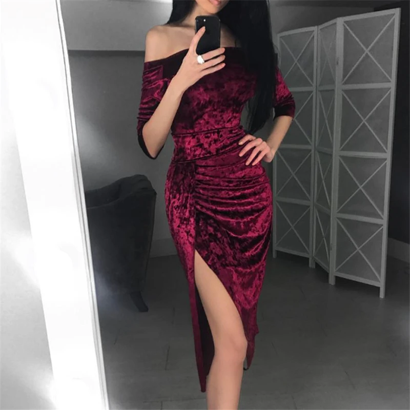 

Vintage Velvet Women Dress Off Shoulder Ladies Party Dresses Winter Side Split Ladies Bodycon Midi Dresses Evening Party Dress