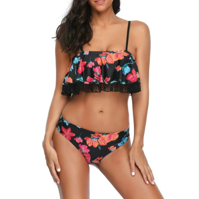

Lace Bikinis Trends One Piece Swimsuit Women 2019 Floral Swimwear Solid Bathing Swim Suits For Girls Ruffles Bodysuit Monokini
