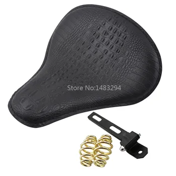 

Motorcycle Black Crocodile Leather Solo Seat Cushion Pad & Mount Set Gold Spring Fits For Harley Universal