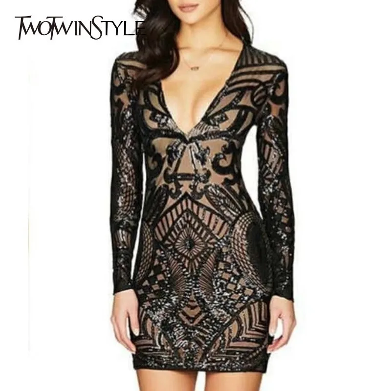 

TWOTWINSTYLE Sexy V Neck Mini Dress Women Long Sleeve Hollow Out Patchwork Sequin Mesh Black Dresses Female Autumn 2019 Fashion
