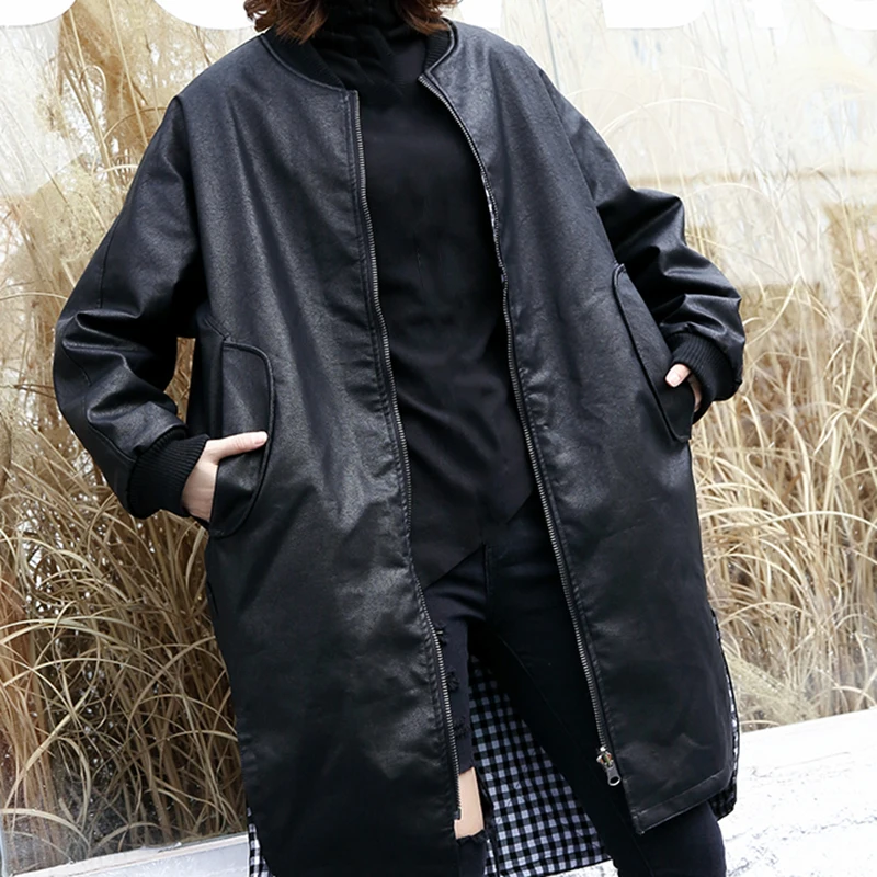 Noir Femme Éclair Printemps Pièce Col Cuir Longues Hiver À En Le384 Plaid Montant eam Black Manteau Lâche Manches Fermeture 2019 2 Faux Spliced Poches q4Ixw5P