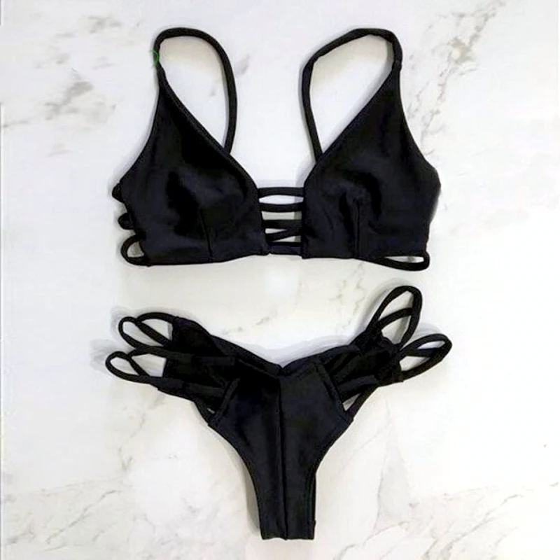 

2018 New Style Swimwear Women Sexy Thong Bandages Bottom Bikinis Bathing Suit High Elasticity Pure Color Backless Swimsuit