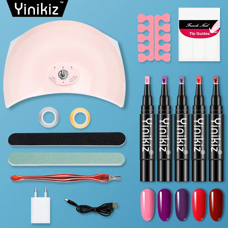 

Yinikiz 5 Colors 3 In 1 One Step Polish Varnish Pen Set 36w Uv Lamp Quick Drying Nail Art Manicure Tool Set 15pcs/pack