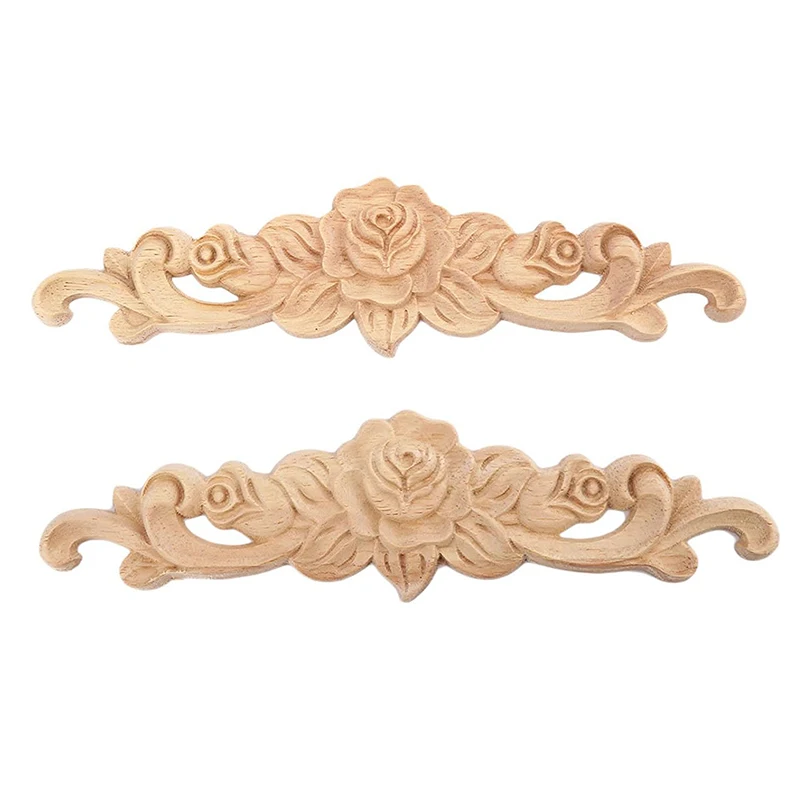 

2pcs 20*5cm Wood Carved Long Onlay Applique Unpainted Rose Flower Door Home Decor European Style