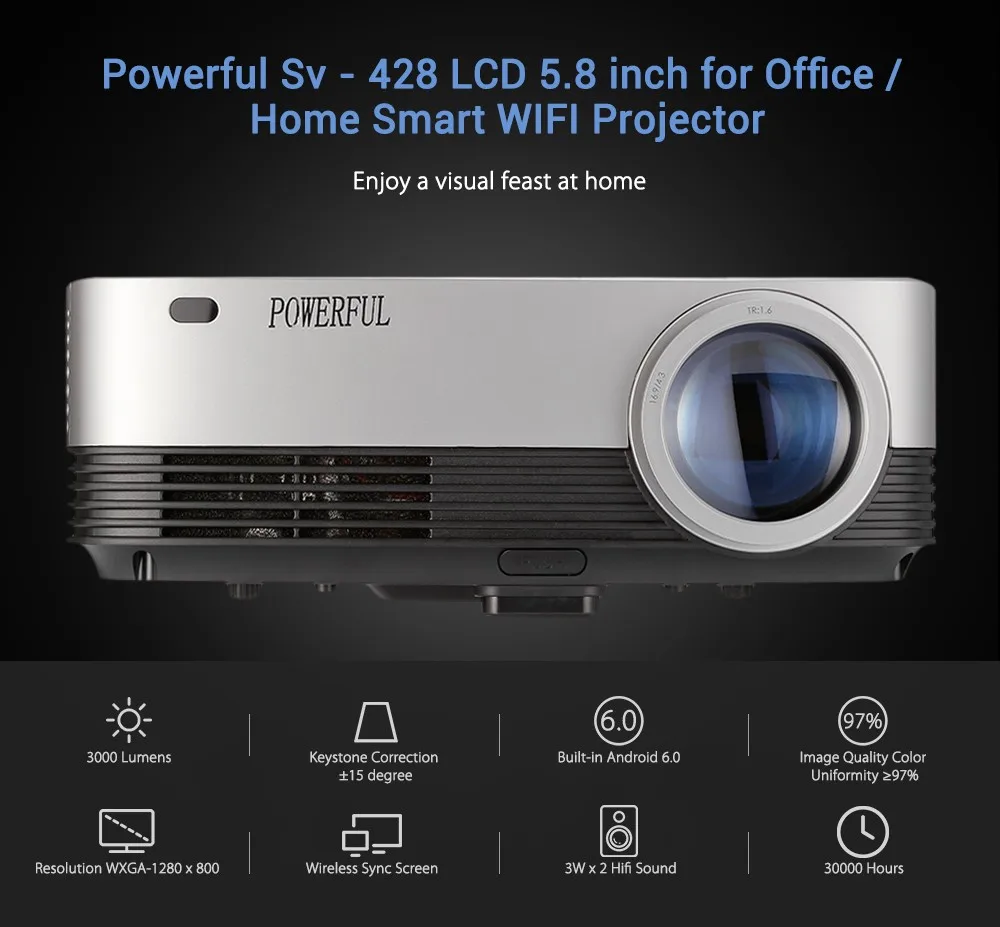 

Powerful Sv - 428 Projector 3000 Lumens 120 Inches LED 1280 X 800 1080P 30000 Hour 1GB 8GB Home Theater