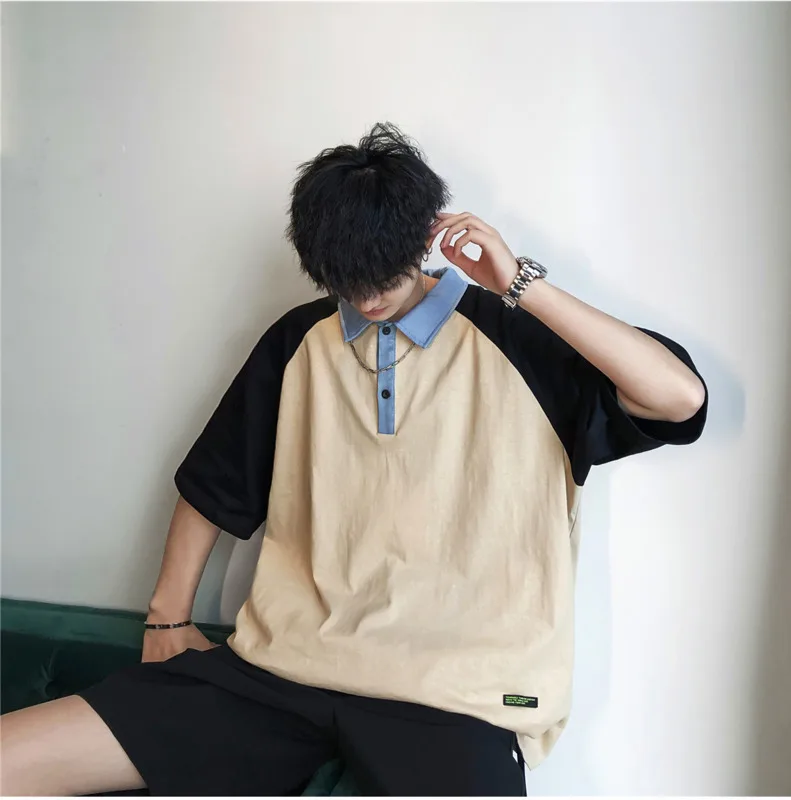 

Men's POLO shirt 2019 summer new popular loose denim color matching short sleeve personality youth casual men's clothing